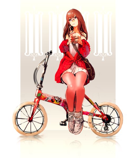 Anime picture 1100x1283 with original so-bin single tall image brown hair sitting aqua eyes drinking girl pantyhose glasses bag drink ground vehicle bicycle