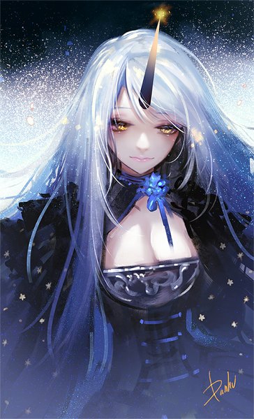 Anime picture 600x987 with original danhu single long hair tall image blush fringe smile signed yellow eyes blue hair multicolored hair horn (horns) lips looking down gradient hair glow personification girl dress