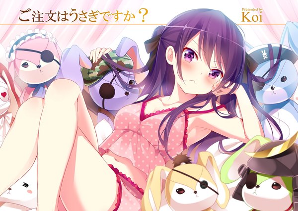 Anime picture 2668x1898 with gochuumon wa usagi desu ka? white fox tedeza rize koi (koisan) single long hair looking at viewer blush fringe highres light erotic purple eyes signed purple hair bent knee (knees) lying arm support armpit (armpits) on back copyright name