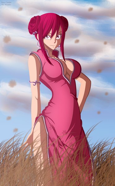 Anime picture 1000x1617 with fairy tail erza scarlet ric9duran single long hair tall image light erotic smile pink hair sky cloud (clouds) pink eyes coloring drill hair chinese clothes girl plant (plants) earrings grass chinese dress