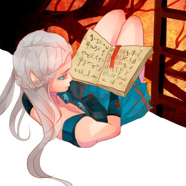 Anime picture 800x800 with original polina ts single long hair looking at viewer blue eyes sitting holding bent knee (knees) braid (braids) pleated skirt looking back from above pointy ears grey hair teeth side braid elf bare tree girl