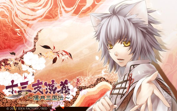 Anime picture 1900x1200 with jyuzaengi - engetsu sangokuden idea factory ryuubi (jyuzaengi engetsu sangokuden) single highres short hair open mouth animal ears yellow eyes silver hair traditional clothes cat ears hieroglyph boy hand