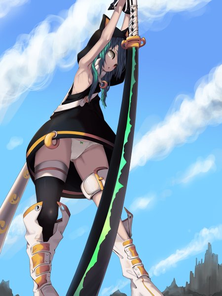 Anime picture 1000x1333 with original soya (torga) single long hair tall image looking at viewer highres breasts open mouth light erotic red eyes sky cloud (clouds) green hair arms up from below armpit (armpits) heterochromia flat chest white eyes