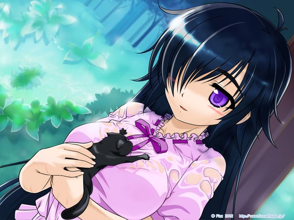 Anime picture 1280x960 with koisuru koto to mitsu ketari! (game) single long hair blush fringe black hair purple eyes hair over one eye wet clothes girl cat