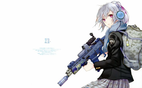 Anime picture 1920x1200 with original fuyuno haruaki single highres short hair simple background wide image white background silver hair pink eyes girl headphones scarf gun backpack