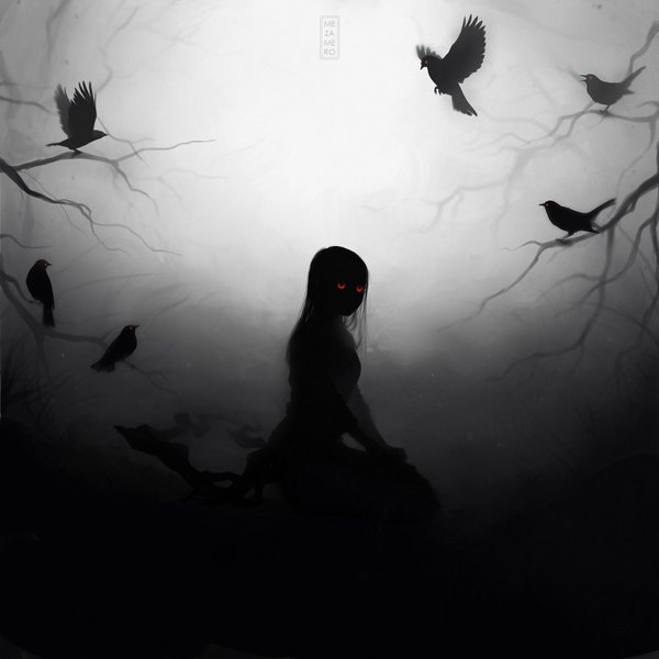 Anime picture 1500x1500 with original mezamero single long hair red eyes dark background gloom girl plant (plants) animal tree (trees) bird (birds) branch crow