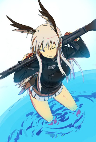 Anime picture 850x1250 with strike witches hanna-justina marseille ningen (ningen96) single long hair tall image fringe blue eyes simple background blonde hair holding animal ears looking away one eye closed from above wink girl weapon miniskirt water
