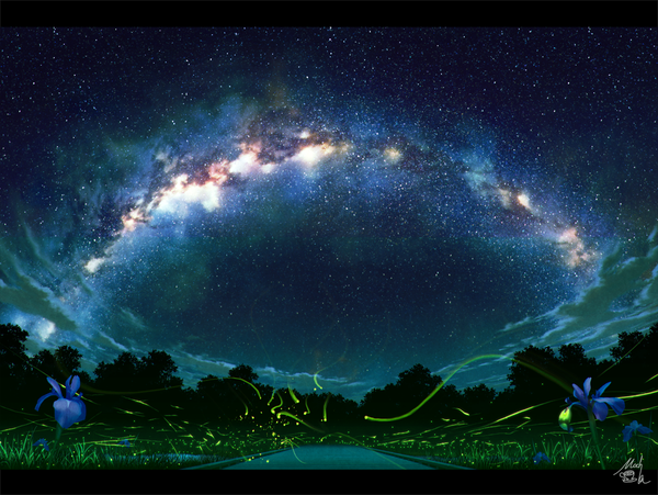 Anime picture 1100x828 with original mocha (cotton) signed sky cloud (clouds) night night sky landscape river field milky way flower (flowers) plant (plants) tree (trees) insect star (stars) fireflies iris (flower)