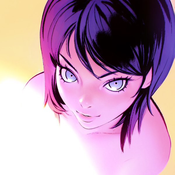Anime picture 1080x1080 with original ilya kuvshinov single looking at viewer fringe short hair simple background smile bare shoulders pink hair purple hair parted lips multicolored hair from above lips two-tone hair grey eyes close-up yellow background girl