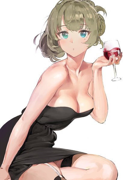Anime picture 2392x3508 with idolmaster idolmaster cinderella girls takagaki kaede ame (uten cancel) single tall image looking at viewer highres short hair blue eyes light erotic simple background brown hair white background sitting bare shoulders holding green eyes cleavage mole