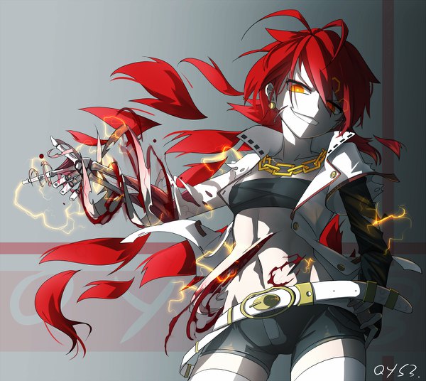 Anime picture 1200x1072 with original tian ling (qys3) qys3 single long hair looking at viewer fringe light erotic simple background hair between eyes red eyes standing signed ahoge red hair head tilt grey background teeth bare belly midriff