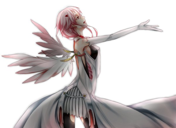 Anime picture 2000x1450 with guilty crown production i.g yuzuriha inori single long hair highres simple background red eyes white background pink hair profile girl dress gloves wings elbow gloves