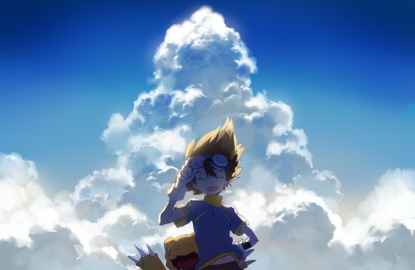 Anime picture 1226x800 with digimon digimon adventure yagami taichi agumon rella single short hair open mouth brown hair sky cloud (clouds) eyes closed hand on hip landscape boy gloves animal white gloves goggles
