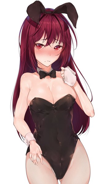 Anime picture 1087x1821 with fate (series) fate/grand order scathach (fate) (all) scathach (fate) hplay (kyoshinou) single long hair tall image looking at viewer blush fringe breasts light erotic simple background hair between eyes red eyes large breasts white background animal ears cleavage