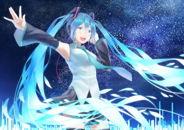 Anime picture 1412x1000 with vocaloid hatsune miku ac (eshi) single long hair open mouth twintails aqua eyes aqua hair night girl detached sleeves necktie