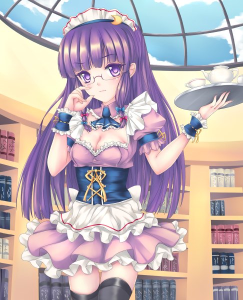 Anime picture 972x1200 with touhou patchouli knowledge fred0092 single long hair tall image looking at viewer purple eyes purple hair maid girl thighhighs dress black thighhighs glasses headdress maid headdress book (books)