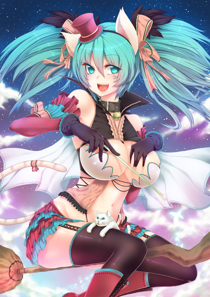 Anime picture 800x1131 with vocaloid hatsune miku fuya (tempupupu) single long hair tall image breasts open mouth light erotic smile large breasts twintails animal ears cloud (clouds) tail animal tail aqua eyes cat ears aqua hair night