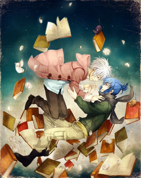 Anime picture 1200x1509 with no.6 studio bones nezumi (no.6) shion (no.6) sakou mochi tall image short hair blue hair white hair tail holding hands face to face shounen ai boy flower (flowers) animal petals jacket scarf rose (roses)