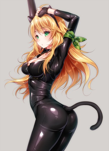 Anime picture 867x1200 with idolmaster hoshii miki akira (natsumemo) single long hair tall image looking at viewer blush breasts light erotic blonde hair simple background large breasts green eyes animal ears cleavage ahoge ass tail animal tail