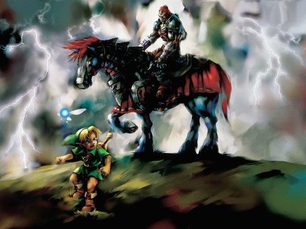 Anime picture 1024x768 with the legend of zelda nintendo link navi ganondorf young link pointy ears lightning fairy sword horse
