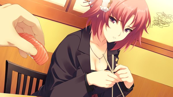 Anime picture 1280x720 with hoshi no ouji-kun qp:flapper short hair red eyes wide image game cg red hair girl food chopsticks sushi