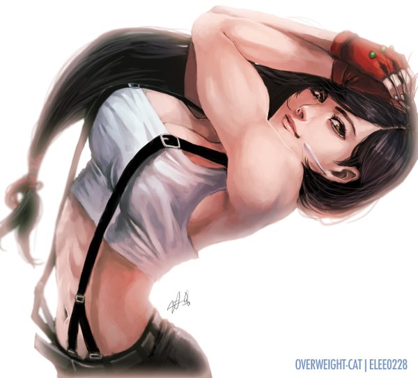 Anime picture 2500x2264 with final fantasy final fantasy vii square enix tifa lockhart overweight-cat single long hair fringe highres breasts black hair red eyes large breasts white background signed looking away cleavage wind inscription bare belly