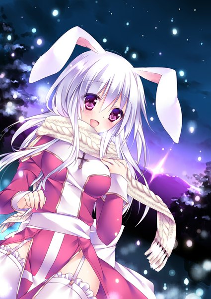 Anime picture 768x1085 with ragnarok online high priest sorai shin'ya single long hair tall image looking at viewer blush open mouth red eyes animal ears silver hair night bunny ears bunny girl girl thighhighs dress white thighhighs scarf