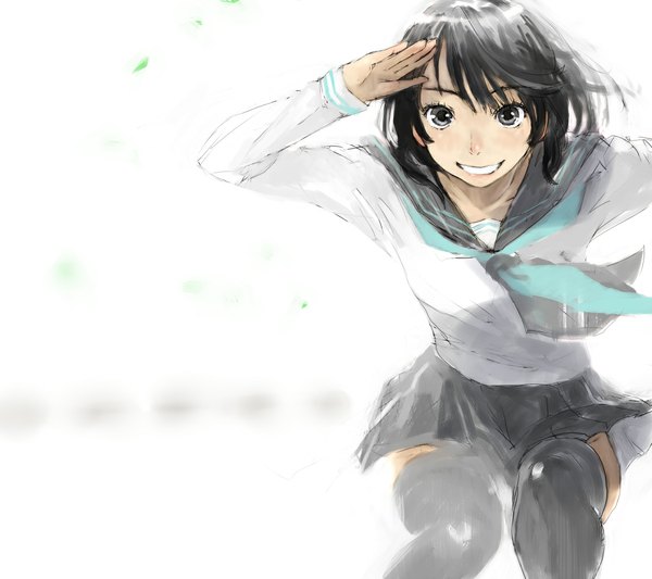 Anime picture 1125x1000 with original nimirom single short hair black hair smile white background grey eyes grin jumping salute girl thighhighs black thighhighs serafuku sailor suit