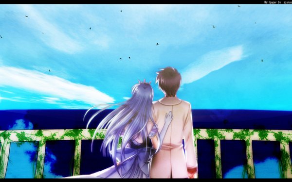 Anime picture 1920x1200 with yoake mae yori ruri iro na august soft feena fam earthlight long hair highres short hair brown hair wide image sky purple hair cloud (clouds) couple back girl boy gloves bow animal elbow gloves sea