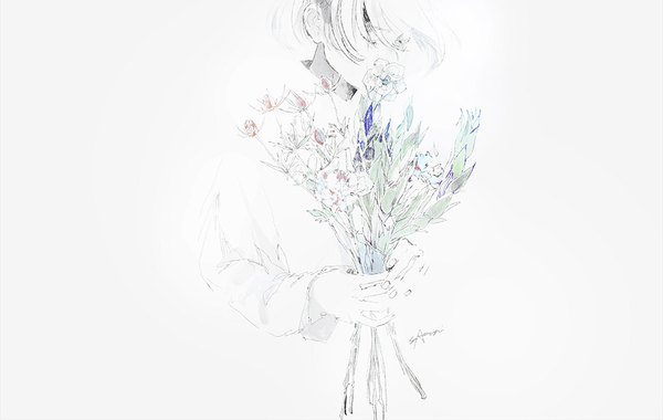 Anime picture 1000x634 with original parel (artist) single short hair simple background white background holding eyes closed hands clasped boy flower (flowers) bouquet
