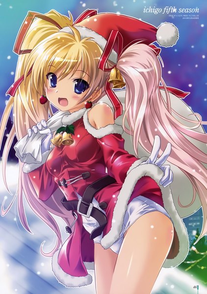 Anime picture 4919x7000 with original hagano ichigo komatsu eiji single long hair tall image looking at viewer blush highres open mouth blue eyes light erotic blonde hair twintails absurdres official art fur trim christmas girl gloves
