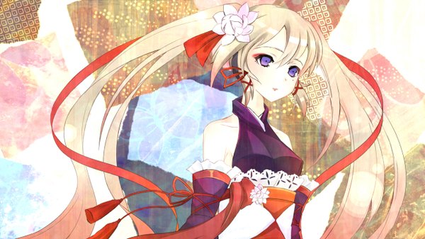 Anime picture 1280x720 with vocaloid hatsune miku yuna (rutera) blonde hair wide image purple eyes twintails very long hair japanese clothes hair flower alternate costume alternate hair color girl hair ornament ribbon (ribbons) detached sleeves belt