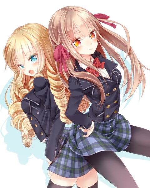 Anime picture 800x1000 with original 218 long hair tall image blush open mouth blue eyes blonde hair smile brown hair multiple girls orange eyes drill hair girl thighhighs skirt uniform ribbon (ribbons) black thighhighs 2 girls