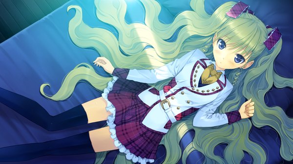 Anime picture 1280x720 with nanatsu no fushigi no owaru toki furumiya elis ueda ryou long hair blush blue eyes blonde hair wide image game cg lying loli girl thighhighs skirt uniform ribbon (ribbons) black thighhighs hair ribbon school uniform miniskirt