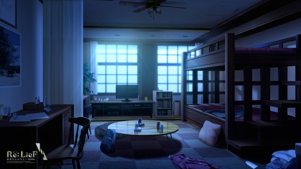 Anime picture 1280x720 with re:lief ebisutaro wide image inscription night copyright name no people checkered floor floor plant (plants) window pillow book (books) bed chair table backpack shelf bookshelf picture