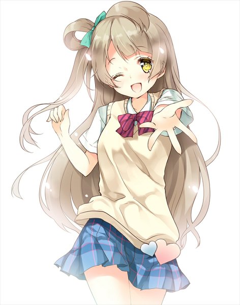 Anime picture 787x1000 with love live! school idol project original sunrise (studio) love live! minami kotori miwabe sakura single long hair tall image looking at viewer blush open mouth simple background smile brown hair white background yellow eyes one eye closed wink one side up