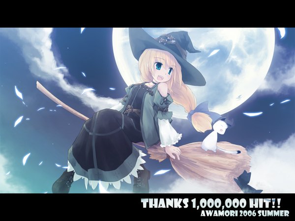 Anime picture 1600x1200 with original yukitarou (awamori) single long hair open mouth blue eyes blonde hair sitting looking away sky cloud (clouds) inscription wallpaper flying witch girl bow hair bow hat detached sleeves