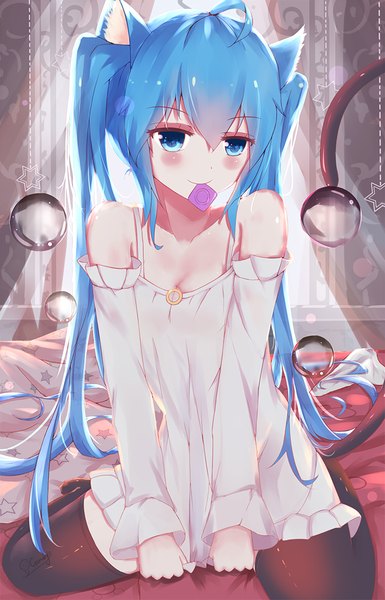 Anime picture 680x1060 with vocaloid hatsune miku oikeen single long hair tall image looking at viewer blush fringe blue eyes light erotic smile hair between eyes sitting twintails bare shoulders animal ears payot blue hair ahoge