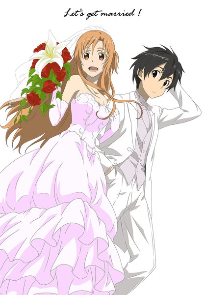 Anime picture 1500x2164 with sword art online a-1 pictures yuuki asuna kirigaya kazuto kiritolgm (mk18) long hair tall image looking at viewer fringe open mouth black hair blonde hair simple background hair between eyes white background holding :d black eyes text happy