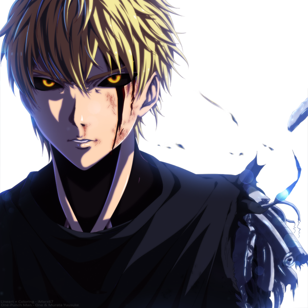 Anime picture 1000x1000 with one-punch man madhouse genos eroishi single short hair simple background blonde hair white background yellow eyes coloring superhero boy blood cape android