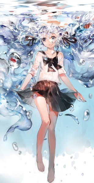 Anime picture 771x1500 with vocaloid hatsune miku bottle miku susu (artist) single long hair tall image blue eyes twintails blue hair looking away pleated skirt barefoot underwater liquid hair girl skirt water serafuku bubble (bubbles)