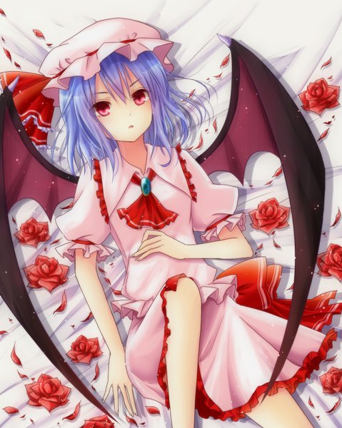 Anime picture 1200x1502 with touhou remilia scarlet amano sora (artist) single tall image looking at viewer short hair open mouth red eyes blue hair bat wings girl dress flower (flowers) petals wings rose (roses) bonnet