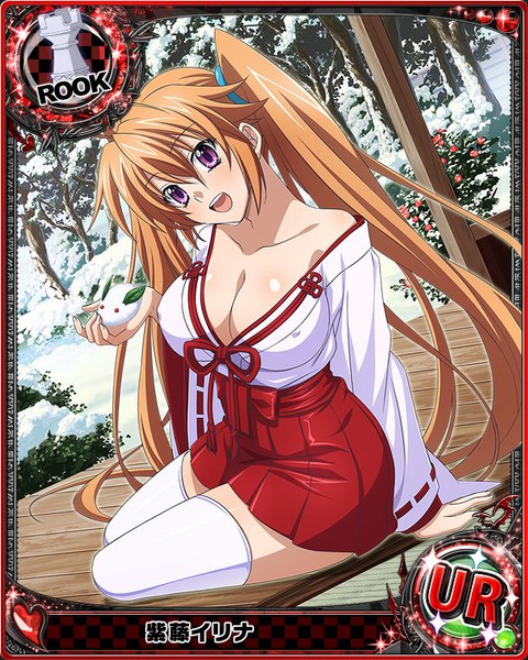 Anime picture 640x800 with highschool dxd shidou irina single tall image looking at viewer blush breasts open mouth light erotic brown hair twintails purple eyes cleavage very long hair traditional clothes japanese clothes arm support winter snow card (medium)