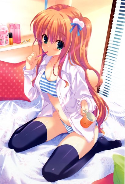 Anime picture 3831x5595 with ohara tometa single long hair tall image looking at viewer blush highres breasts open mouth light erotic sitting twintails green eyes absurdres sunlight scan orange hair open clothes open shirt kneeling