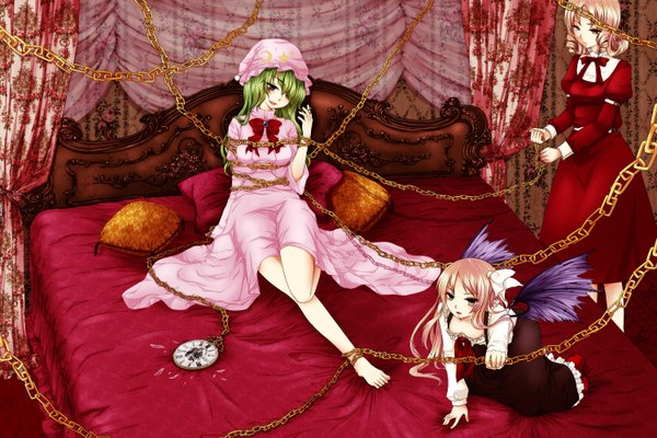 Anime picture 3000x2000 with touhou kazami yuuka elly (touhou) kurumi geike long hair highres short hair blonde hair red eyes yellow eyes green hair girl dress ribbon (ribbons) hat bed