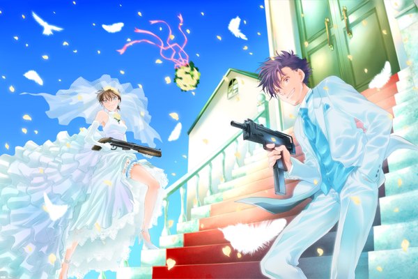 Anime picture 1500x1000 with detective conan tagme (character) kudou shinichi azs (pixiv) short hair brown hair purple hair grin hand in pocket dual persona dress gloves weapon animal necktie elbow gloves bird (birds) gun pants feather (feathers)