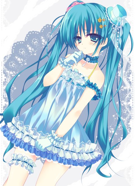 Anime picture 2000x2753 with vocaloid hatsune miku kiseri momo single tall image highres twintails bare shoulders very long hair aqua eyes aqua hair loli girl dress gloves hair ornament hat collar mini hat mini top hat