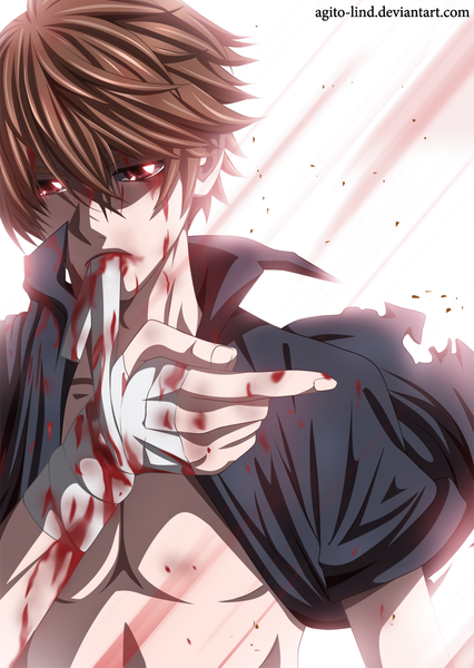 Anime picture 1000x1409 with the breaker shi-woon yi aagito single tall image short hair simple background red eyes brown hair open clothes open shirt coloring mouth hold torn clothes glowing light glowing eye (eyes) muscle boy blood