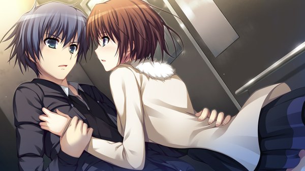 Anime picture 1280x720 with koi de wa naku (game) makishima yumi tomose shunsaku short hair blue eyes black hair brown hair wide image game cg couple girl boy