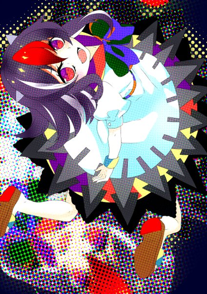 Anime picture 900x1272 with touhou kijin seija kyouda suzuka single tall image looking at viewer blush short hair open mouth black hair red eyes multicolored hair horn (horns) from above streaked hair jumping girl dress bracelet